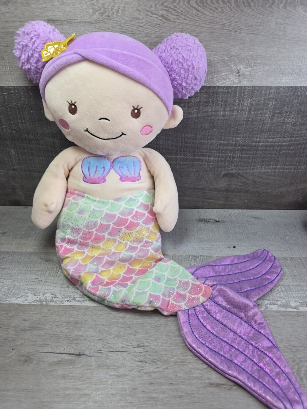 HugFun Mermaid Princess Plush Soft Stuffed Toy Doll Purple Hair Buns b145